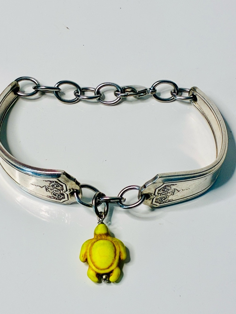 VTG Silver Spoon Bracelet w/ Yellow Turtle Charm Filigree Detailing Chunky SMALL